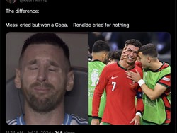 Meme ini membandingkan tangis Messi, yang akhirnya juara Copa America 2024, dengan air mata Cristiano Ronaldo yang timnya kandas di 8 besar Euro 2024. Foto: dok. Internet/X (Twitter)