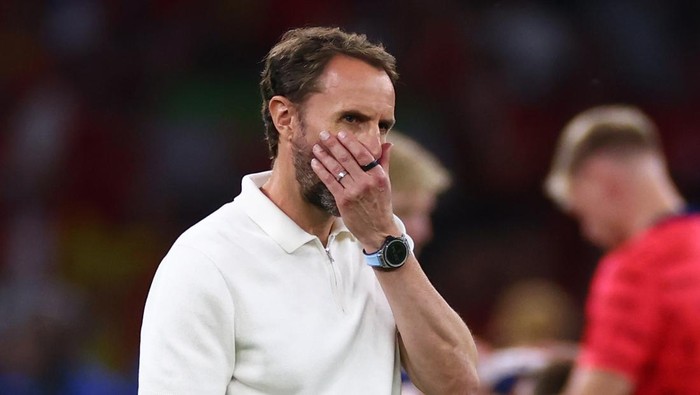 BERLIN, GERMANY - JULY 14: Gareth Southgate manager / head coach of England reacts after the UEFA EURO 2024 final match between Spain and England at Olympiastadion on July 14, 2024 in Berlin, Germany. (Photo by Marc Atkins/Getty Images)