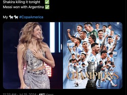 Usai final Copa America 2024, Shakira dipuji karena penampilannya yang menawan. Messi yang jadi juara bersama Argentina pun tidak kalah kebanjiran pujian. Foto: dok. Internet/X (Twitter)