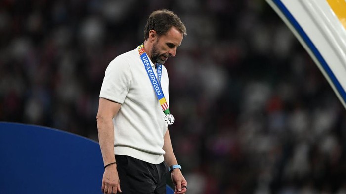 BERLIN, GERMANY - JULY 14: Head coach of England Gareth Southgate is seen during a medal ceremony after losing the UEFA EURO 2024 final match between Spain and England at Olympiastadion in Berlin, Germany on July 14, 2024. (Photo by Hesham Elsherif/Anadolu via Getty Images)