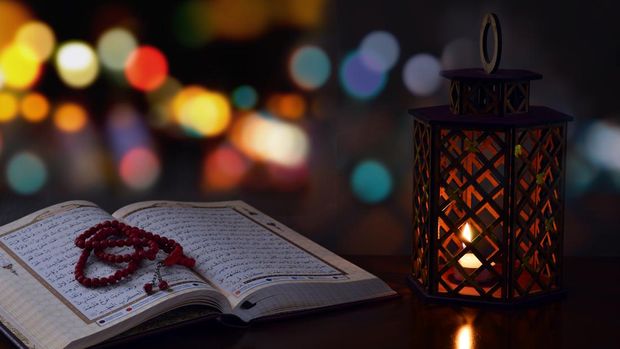 The holy month of Islam is Ramadan. Ramadan month icons. Great photo with colorful bokeh.