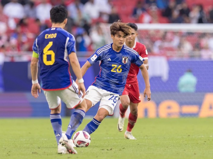 DOHA, QATAR - JANUARY 24: Kaishu Sano of Japan in action during the AFC Asian Cup Group D match between Japan and Indonesia at Al Thumama Stadium on January 24, 2024 in Doha, Qatar. (Photo by Playmaker/MB Media/Getty Images)