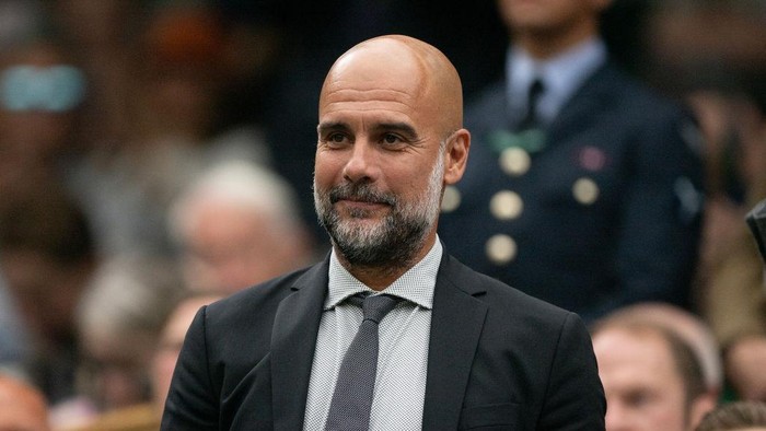 LONDON, ENGLAND - JULY 06: Pep Guardiola in the royal box prior to the Alexander Zverev of Germany vs. Cameron Norrie of Great Britain Gentlemens Singles third round match during day six of The Championships Wimbledon 2024 at All England Lawn Tennis and Croquet Club on July 06, 2024 in London, England. (Photo by Visionhaus/Getty Images)