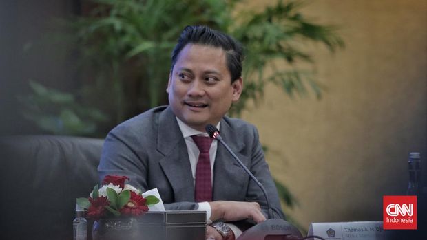 Wakil Menteri Keuangan ll Thomas Djiwandono memberikan keterangan pada wartawan di Kementrian Keuangan. Jakarta, Kamis, 18 Juli 2024. CNNIndonesia/Adhi Wicaksono