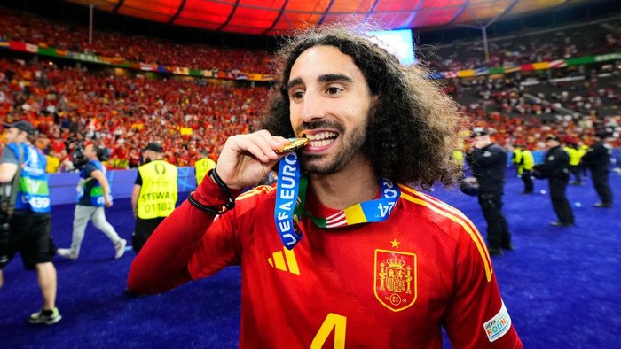 Marc Cucurella left-back of Spain and Chelsea FC celebrates after their teams victory in the UEFA EURO 2024 final match between Spain and England at Olympiastadion on July 14, 2024 in Berlin, Germany. (Photo by Jose Breton/Pics Action/NurPhoto via Getty Images)