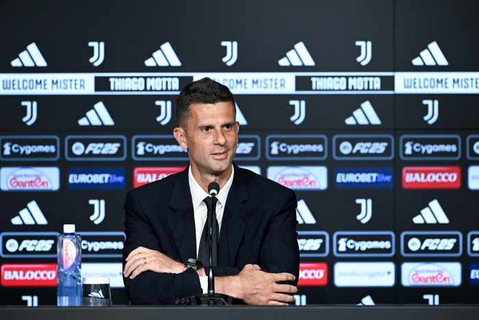 TURIN, ITALY - JULY 18: Juventus head coach Thiago Motta during the unveiling press conferenze at Allianz Stadium on July 18, 2024 in Turin, Italy.  (Photo by Daniele Badolato - Juventus FC/Juventus FC via Getty Images)