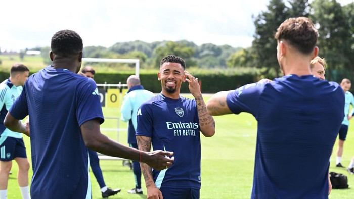 LONDON COLNEY, ENGLAND - JULY 16: Gabriel Jesus of Arsenal during a training session at Sobha Realty Training Centre on July 16, 2024 in London Colney, England. (Photo by Stuart MacFarlane/Arsenal FC via Getty Images)
