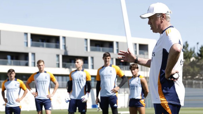 MADRID, SPAIN - JULY 15: Carlo Ancelotti, coach of Real Madrid, leads the training session at Valdebebas training ground on July 15, 2024 in Madrid, Spain. (Photo by Antonio Villalba/Real Madrid via Getty Images)