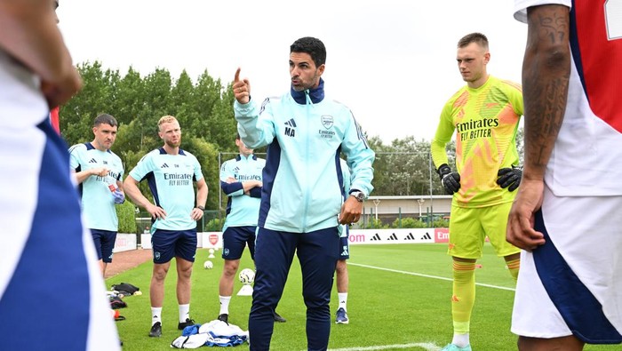 LONDON COLNEY, ENGLAND - JULY 20: Arsenal Manager Mikel Arteta before the pre season friendly between Arsenal XI and Leyton Orient XI at Sobha Realty Training Centre on July 20, 2024 in London Colney, England. (Photo by David Price/Arsenal FC via Getty Images)