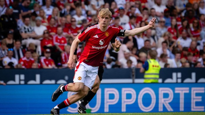 TRONDHEIM, NORWAY - JULY 15: Toby Collyer of Manchester United in action during the pre-season friendly match between Rosenborg and Manchester United at Lerkendal Stadium on July 15, 2024 in Trondheim, Norway. (Photo by Ash Donelon/Manchester United via Getty Images)