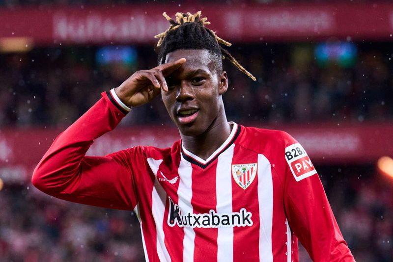 BILBAO, SPAIN - FEBRUARY 29: Nico Williams of Athletic Club celebrates after scoring his team's second goal during the Copa del Rey Semifinal match between Athletic Club Bilbao and Atletico de Madrid at San Mames Stadium on February 29, 2024 in Bilbao, Spain. (Photo by Juan Manuel Serrano Arce/Getty Images)