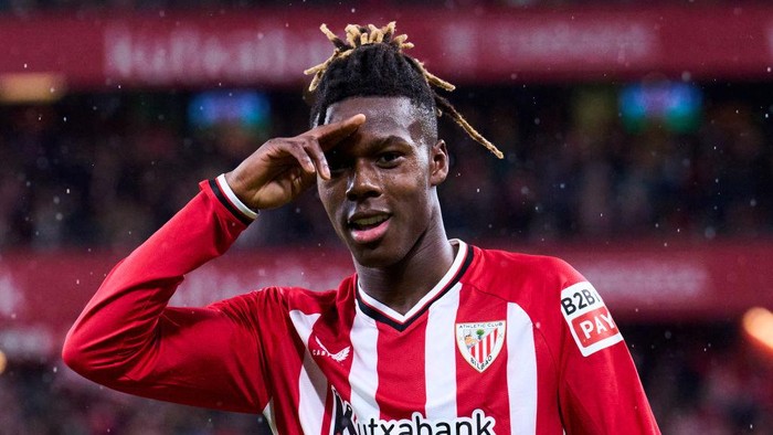 Nico Williams BILBAO, SPAIN - FEBRUARY 29: Nico Williams of Athletic Club celebrates after scoring his team's second goal during the Copa del Rey Semifinal match between Athletic Club Bilbao and Atletico de Madrid at San Mames Stadium on February 29, 2024 in Bilbao, Spain. (Photo by Juan Manuel Serrano Arce/Getty Images)