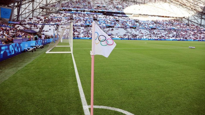 MARSEILLE, FRANCE - JULY 24:  illustration of Olympic flag during the Mens group A match between France and United States during the Olympic Games Paris 2024 at Stade Velodrome of Marseille on July 24, 2024 in Marseille, France. (Photo by Xavier Laine/Getty Images)