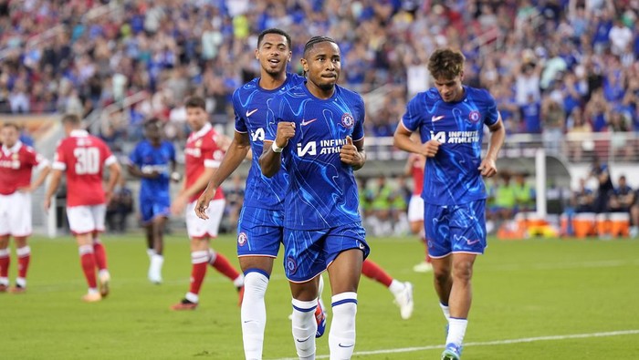 SANTA CLARA, CALIFORNIA - JULY 24: Christopher Nkunku #18 of Chelsea FC after scoring a goal against Wrexham AFC during the first half of a preseason friendly at Levis Stadium on July 24, 2024 in Santa Clara, California. (Photo by Thearon W. Henderson/Getty Images)