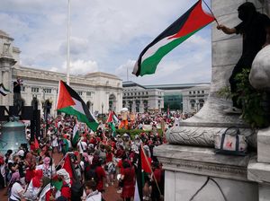 Momen Demonstran Kibarkan Bendera Palestina Saat Netanyahu Pidato di AS