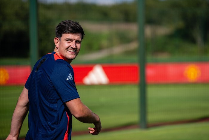 MANCHESTER, ENGLAND - JULY 08: (EXCLUSIVE COVERAGE)  Harry Maguire of Manchester United in action during a first team training session at Carrington Training Ground on July 08, 2024 in Manchester, England. (Photo by Ash Donelon/Manchester United via Getty Images)