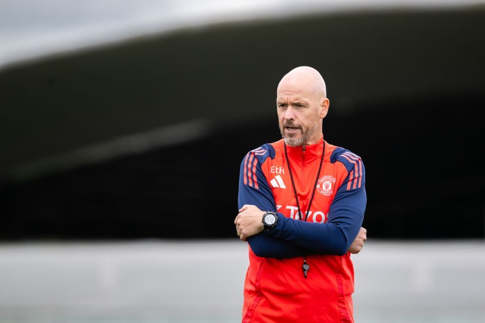 MANCHESTER, ENGLAND - JULY 22: Manager Erik ten Hag of Manchester United in action during a pre-season training session at Carrington Training Ground on July 22, 2024 in Manchester, England.  (Photo by Ash Donelon/Manchester United via Getty Images)