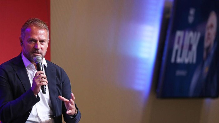Hansi Flick is presenting and holding a press conference as the new coach of FC Barcelona, in Barcelona, Spain, on July 25, 2024. (Photo by Joan Valls/Urbanandsport /NurPhoto via Getty Images)