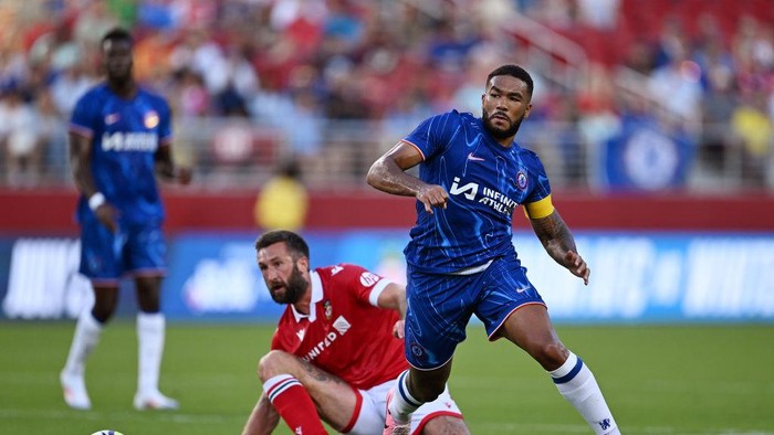 SANTA CLARA, CALIFORNIA - JULY 24: Ollie Palmer of Wrexham and Reece James of Chelsea compete for the ball during the Pre-Season Friendly match between Chelsea FC and Wrexham at Levis Stadium on July 24, 2024 in Santa Clara, California. (Photo by Darren Walsh/Chelsea FC via Getty Images)