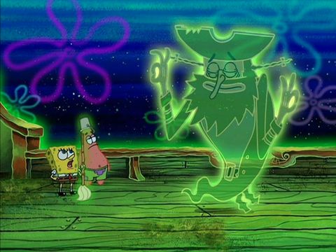 Brian Doyle-Murray sebagai The Flying Dutchman, Bill Fagerbakke sebagai Patrick Star, dan Tom Kenny sebagai SpongeBob dalam serial animasi SpongeBob SquarePants (1999). (Nickelodeon Animation Studio via IMDb)