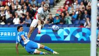 PARIS, FRANCE - JULY 27: Julio Enciso #15 of Team Paraguay hits the post during the Mens group D match between Israel and Paraguay during the Olympic Games Paris 2024 at Parc des Princes on July 27, 2024 in Paris, France. (Photo by Michael Steele/Getty Images)