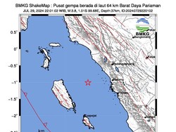 Gempa M 3,8 Terjadi di Pariaman Sumbar