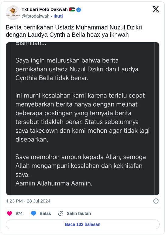 Klarifikasi penyebar kabar Laudya Cynthia Bella