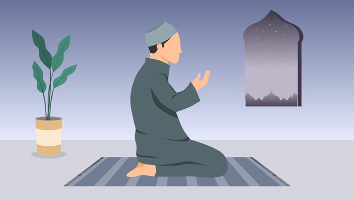 Ilustrasi sholat A Muslim man praying at home. A Muslim man sitting on prayer mat. Vector illustration. salat denpasar