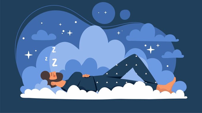 Ilustrasi tidur Peaceful sleep concept. Man lies on clouds, metaphor for comfortable bed. Comfort and cosiness in apartment. Rest and recuperation. Fantasy and imagination, dreams. Cartoon flat vector illustration