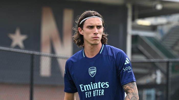 CHESTER, PENNSYLVANIA - JULY 29: Riccardo Calafiori of Arsenal during a training session at Subaru Park on July 29, 2024 in Chester, Pennsylvania.  (Photo by Stuart MacFarlane/Arsenal FC via Getty Images)