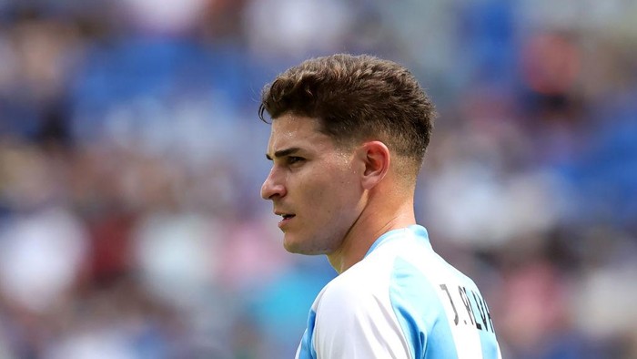 LYON, FRANCE - JULY 27: Julian Alvarez #9 of Team Argentina looks on during the Mens group B match between Argentina and Iraq during the Olympic Games Paris 2024 at Stade de Lyon on July 27, 2024 in Lyon, France. (Photo by Claudio Villa/Getty Images)