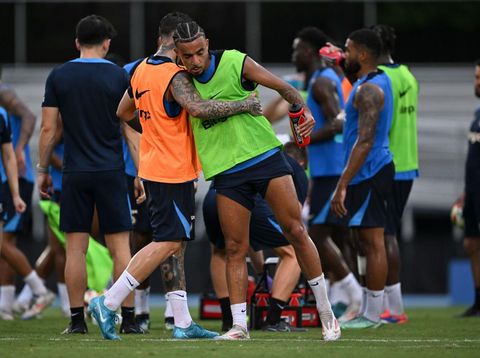 ATLANTA, GEORGIA - JULY 30: Enzo Fernandez and Malo Gusto of Chelsea during a training session at PACE Academy on July 30, 2024 in Atlanta, Georgia. (Photo by Darren Walsh/Chelsea FC via Getty Images)