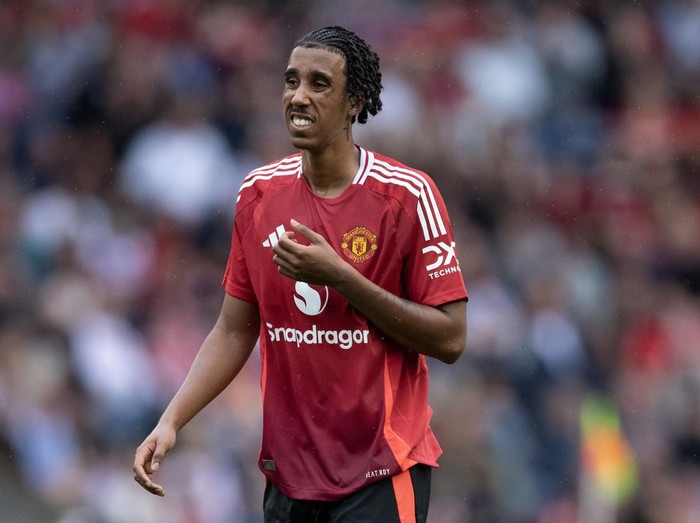 EDINBURGH, SCOTLAND - JULY 20: Leny Yoro of Manchester United reacts during the Pre-Season Friendly match between Manchester United and Rangers at BT Murrayfield Stadium on July 20, 2024 in Edinburgh, Scotland. (Photo by Joe Prior/Visionhaus via Getty Images)