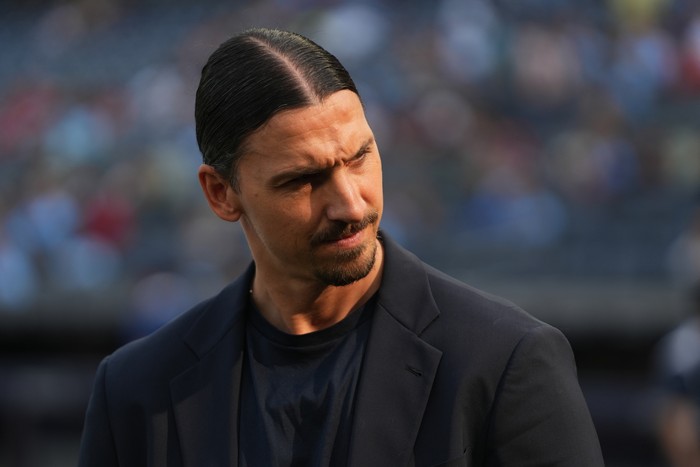 Jul 27, 2024; New York, NY, USA; Former player Zlatan Ibrahimovic looks on before the match between AC Milan and Manchester City at Yankee Stadium. Mandatory Credit: Lucas Boland-USA TODAY Sports