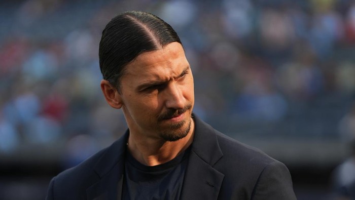 Jul 27, 2024; New York, NY, USA; Former player Zlatan Ibrahimovic looks on before the match between AC Milan and Manchester City at Yankee Stadium. Mandatory Credit: Lucas Boland-USA TODAY Sports