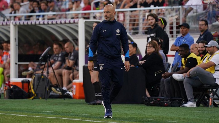 Jul 24, 2024; Santa Clara, CA, USA;  Chelsea head coach Enzo Maresca watches the action during a match against Wrexham at Levis Stadium. Mandatory Credit: David Gonzales-USA TODAY Sports