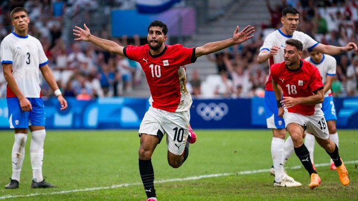 MARSEILLE, FRANCE - AUGUST 2: Ibrahim Adel of Egypt celebrates his goal during the Mens Quarterfinal match between Egypt and Paraguay during the Olympic Games Paris 2024 at Stade de Marseille on August 2, 2024 in Marseille, France. (Photo by Marcio Machado/Eurasia Sport Images/Getty Images)