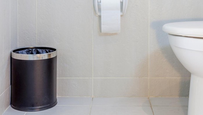 484653338 Interior of toilet seat, paper and trashcan in hygiene restroom. tisu toilet