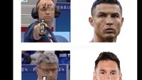 Dan, kemunculan Ronaldo lazim diikuti dengan hadirnya Messi. Seperti halnya di meme ini, yang membandingkan Messi vs Ronaldo dengan gaya Dikec vs lawannya di Olimpiade 2024. Foto: dok. Internet/X (Twitter)