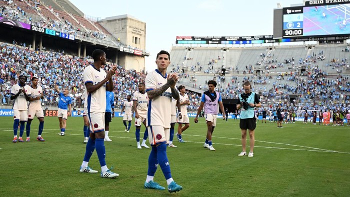 COLUMBUS, OHIO - AUGUST 03: Enzo Fernandez of Chelsea applauds the fans after the Pre-Season Friendly match between Chelsea FC and Manchester City at Ohio Stadium on August 03, 2024 in Columbus, Ohio. (Photo by Darren Walsh/Chelsea FC via Getty Images)