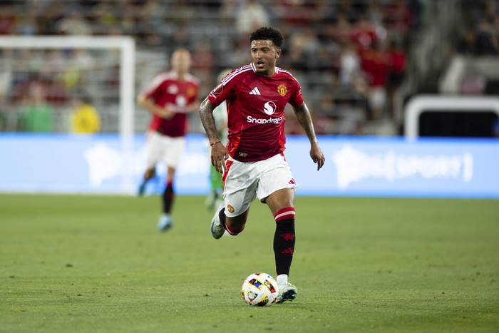 Manchester United forward Jadon Sancho in action against Real Betis during the second half of a soccer match Wednesday, July 31, 2024, in San Diego. (AP Photo/Derrick Tuskan)