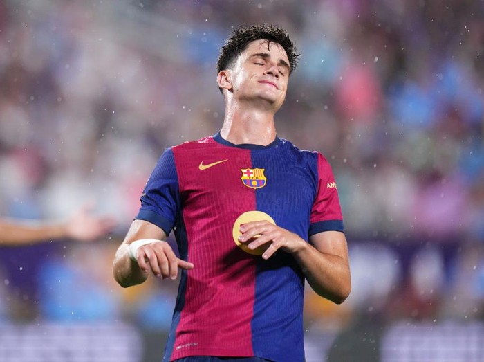 ORLANDO, FLORIDA - JULY 30: Pau Victor #8 of FC Barcelona looks on during a pre-season match between Manchester City and FC Barcelona at Camping World Stadium on July 30, 2024 in Orlando, Florida.  (Photo by Rich Storry/Getty Images)