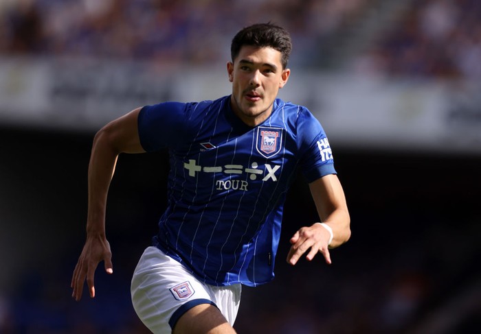 IPSWICH, ENGLAND - JULY 27: Elkan Baggott of Ipswich Town  during the Pre-Season Friendly match between Ipswich Town and Fortuna Duesseldorf at Portman Road on July 27, 2024 in Ipswich, England. (Photo by Paul Harding/Getty Images)