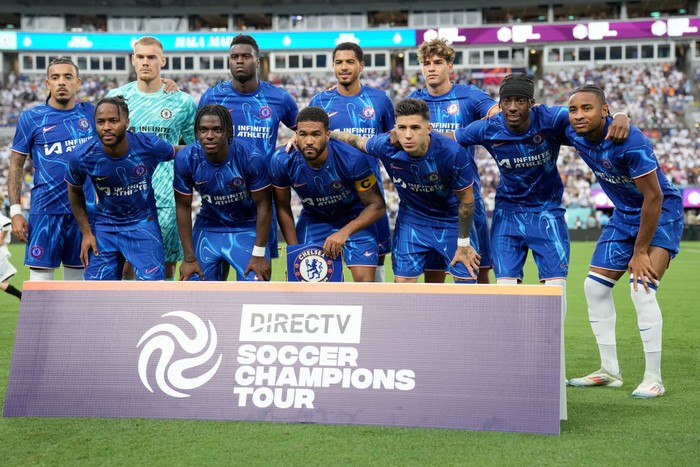 Chelsea CHARLOTTE, NORTH CAROLINA - AUGUST 06: The Chelsea Starting XI pose for a photo during a pre-season friendly match against Real Madrid at Bank of America Stadium on August 06, 2024 in Charlotte, North Carolina. (Photo by Grant Halverson/Getty Images)