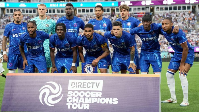 CHARLOTTE, NORTH CAROLINA - AUGUST 06: The Chelsea Starting XI pose for a photo during a pre-season friendly match against Real Madrid at Bank of America Stadium on August 06, 2024 in Charlotte, North Carolina. (Photo by Grant Halverson/Getty Images)