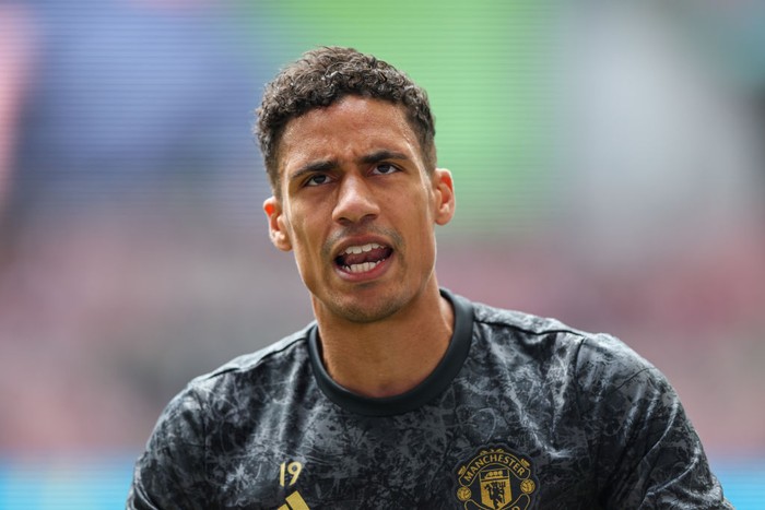 LONDON, ENGLAND - MAY 25: Manchester Uniteds Raphael Varane during the pre-match warm-up  during the Emirates FA Cup Final match between Manchester City and Manchester United at Wembley Stadium on May 25, 2024 in London, England.(Photo by Alex Dodd - CameraSport via Getty Images)
