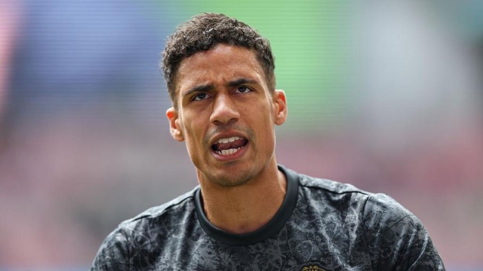 LONDON, ENGLAND - MAY 25: Manchester Uniteds Raphael Varane during the pre-match warm-up  during the Emirates FA Cup Final match between Manchester City and Manchester United at Wembley Stadium on May 25, 2024 in London, England.(Photo by Alex Dodd - CameraSport via Getty Images)
