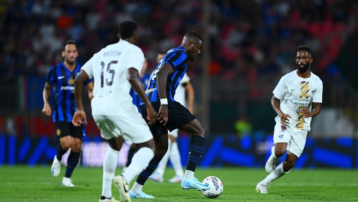 MONZA, ITALY - AUGUST 07:  Marcus Thuram of FC Internazionale in action during the Pre-season Friendly match between FC Internazionale v Al Ittihad at U-Power Stadium on August 07, 2024 in Monza, Italy. (Photo by Mattia Pistoia - Inter/Inter via Getty Images)