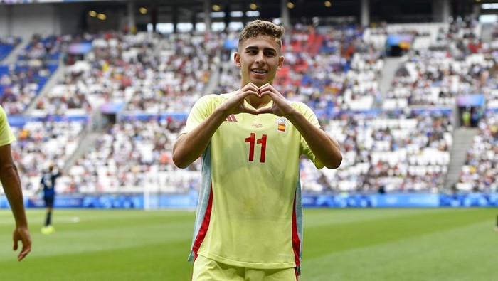LYON, FRANCE - AUGUST 2: Fermin Lopez of Spain celebrates his goal during the Mens Quarterfinal match between Japan and Spain during the Olympic Games Paris 2024 at Stade de Lyon on August 2, 2024 in Lyon, France. (Photo by Eurasia Sport Images/Getty Images)