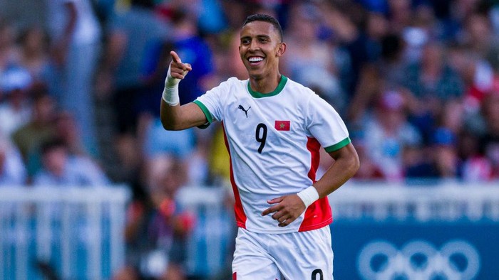 NANTES, FRANCE - AUGUST 8: Soufiane Rahimi of Team Morocco celebrates his second goal during the Mens Bronze Medal match between Team Egypt and Team Morocco during the Olympic Games Paris 2024 at Stade de la Beaujoire on August 8, 2024 in Nantes, France. (Photo by Marcio Machado/Eurasia Sport Images/Getty Images)